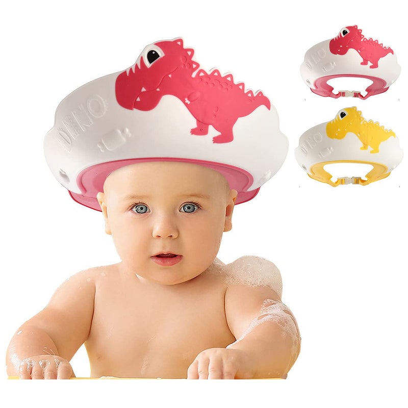 FUNUPUP 2 Pack Kids Shower Cap, Adjustable Toddler Hair Washing Bathing Cap Shield Visor Shampoo Cap Protect Baby Eyes (Dinosaur Red + Dinosaur Yellow) - Image 1